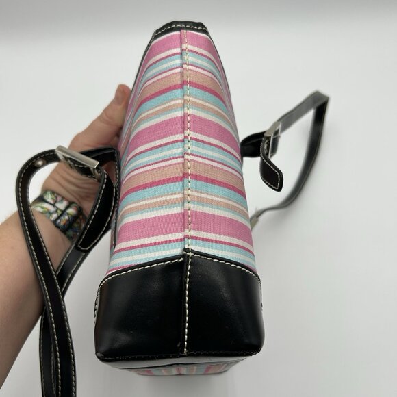 VINTAGE KATE SPADE NY Striped Satchel Pink Blue Coated Canvas Black Trim - RARE - Picture 5 of 16